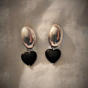 Vintage Sterling Silver and Black Onyx Heart Earrings